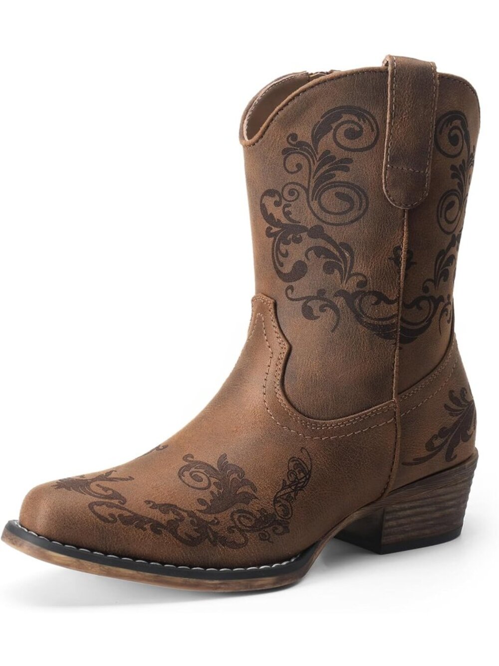 Women’s Tan Western Ankle Boots Cowboy Cowgirl Short Boots Casual Pull On